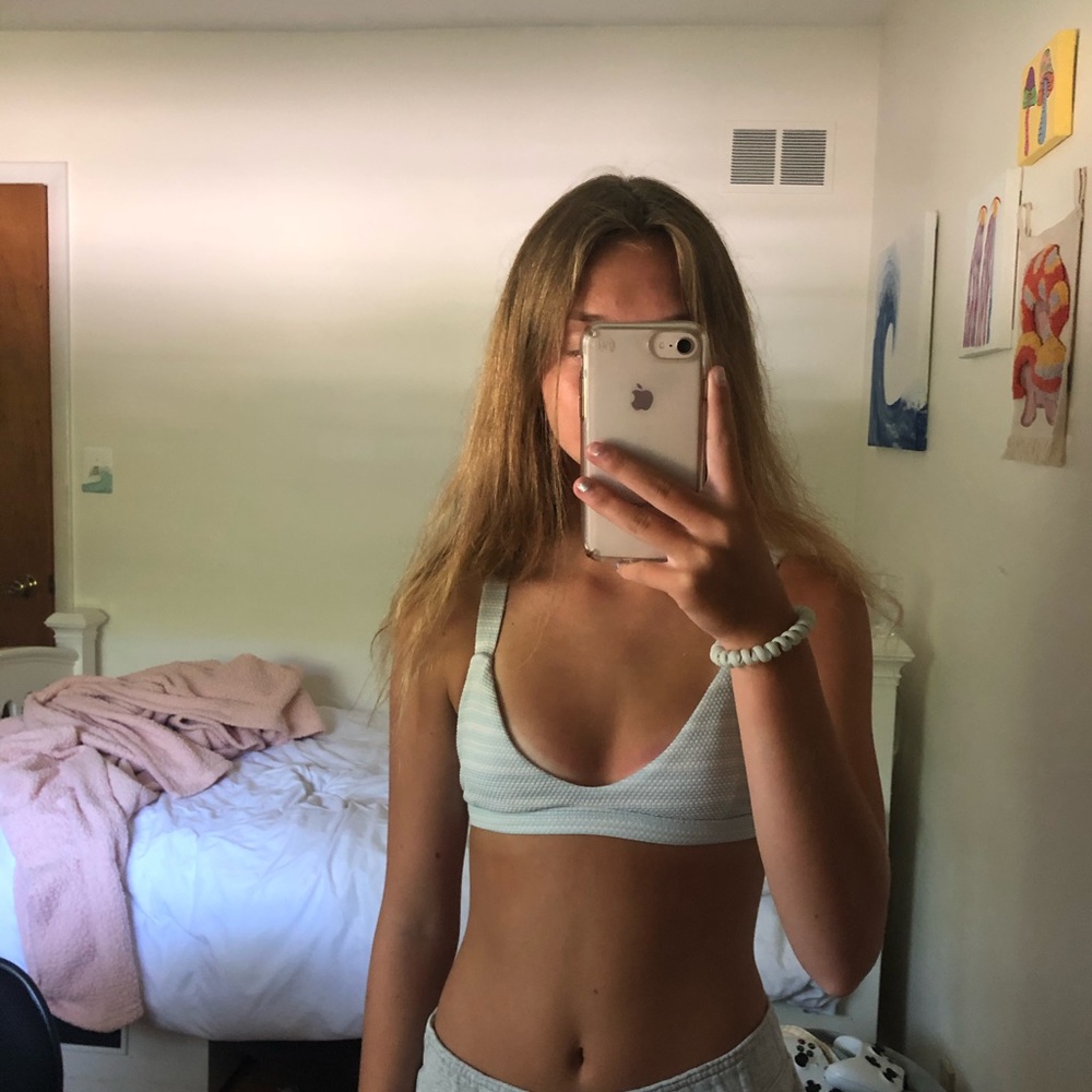 Blue and white striped bikini top